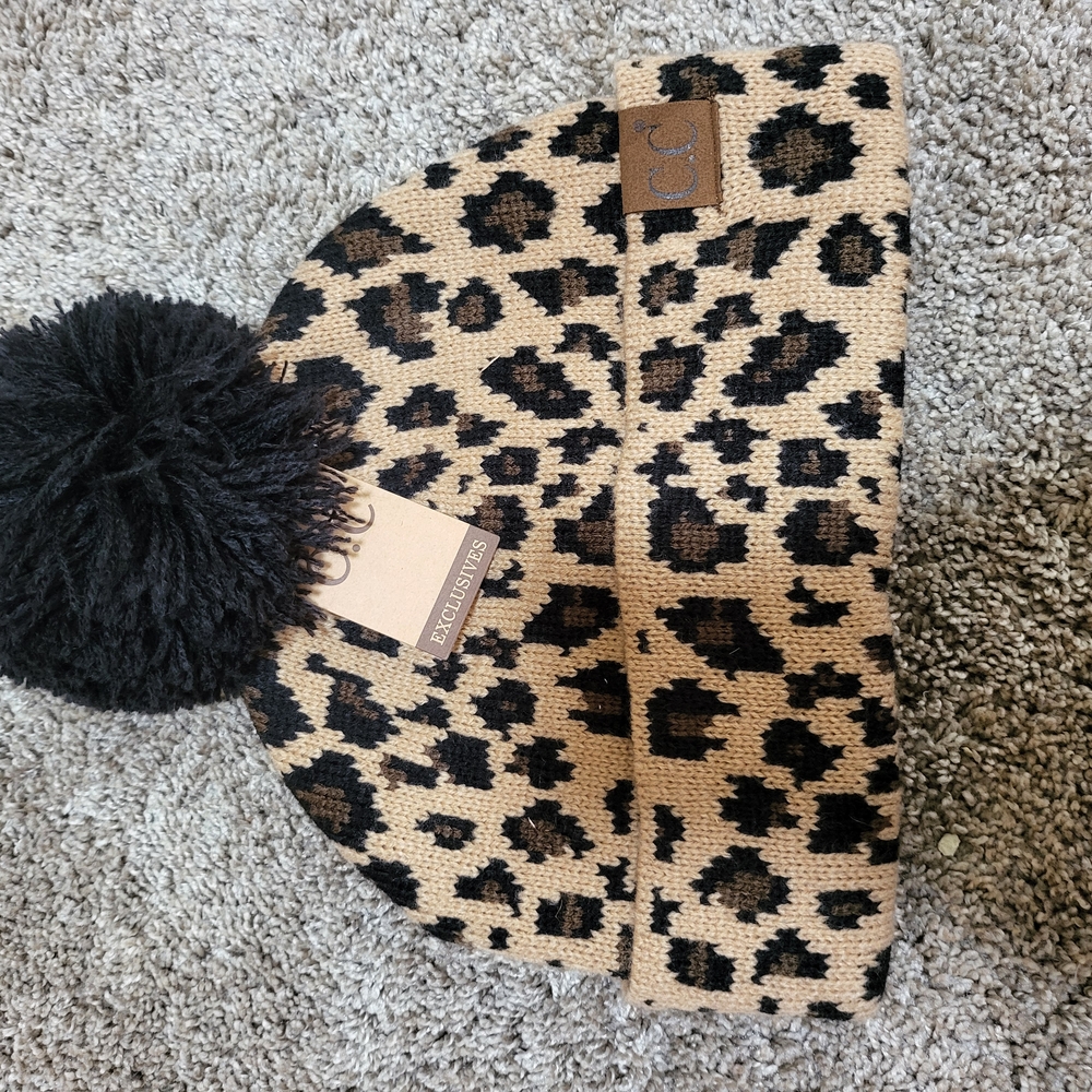 C.C. Leopard Print Knit Beanie with Pom